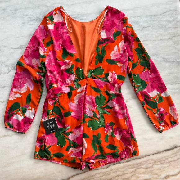 Lulus Women’s Sweetest Song Orange Floral Print Backless Long Sleeve Romper - Picture 11 of 15